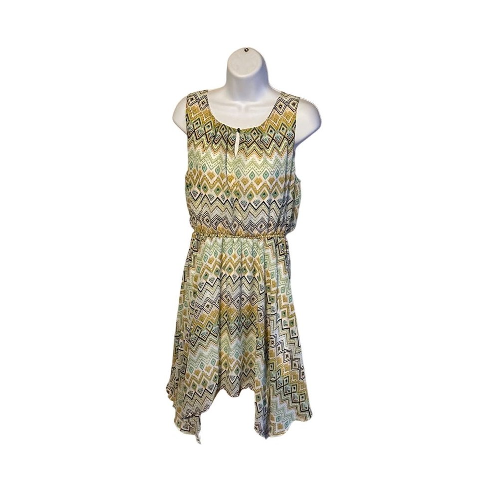 Delirious Los Angeles lined green yellow and blue shark bite hem dress size L